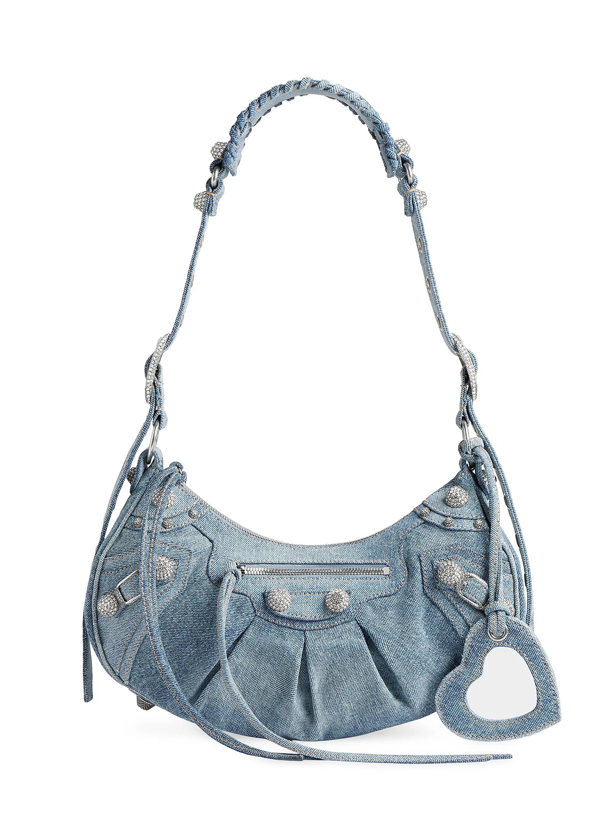 Balenciaga Le Cagole Small Shoulder Bag In Denim With Rhinestones