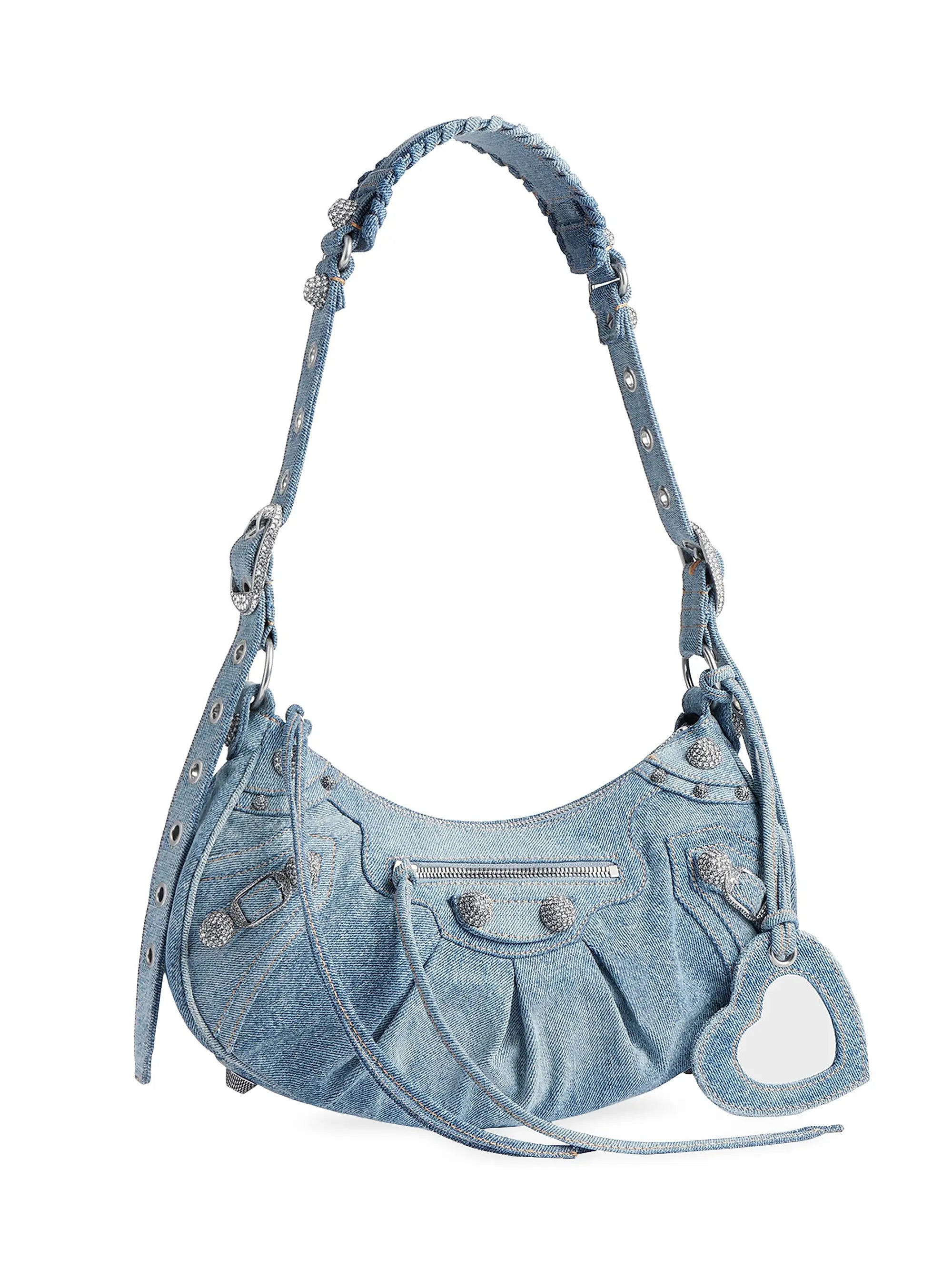 Balenciaga Le Cagole Small Shoulder Bag In Denim With Rhinestones