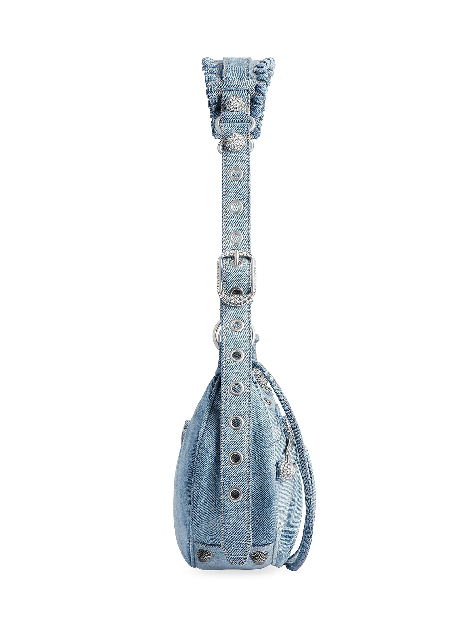 Balenciaga Le Cagole Small Shoulder Bag In Denim With Rhinestones