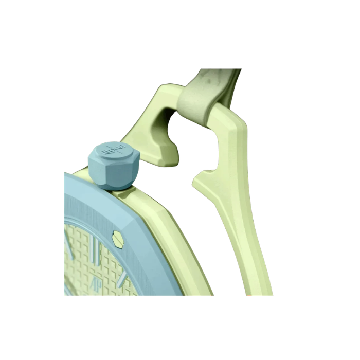 Close-up of a green and blue watch