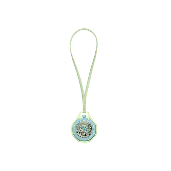Round blue clock with a green strap