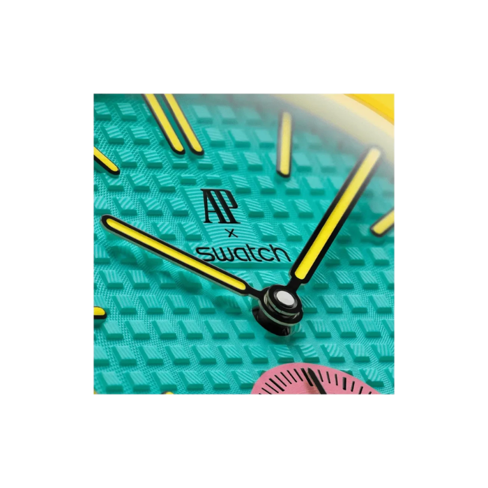 Close-up of a Swatch watch face