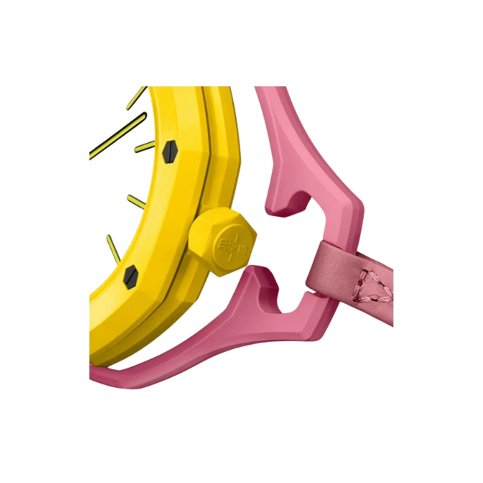 Pink watch strap connector with yellow wheel lock