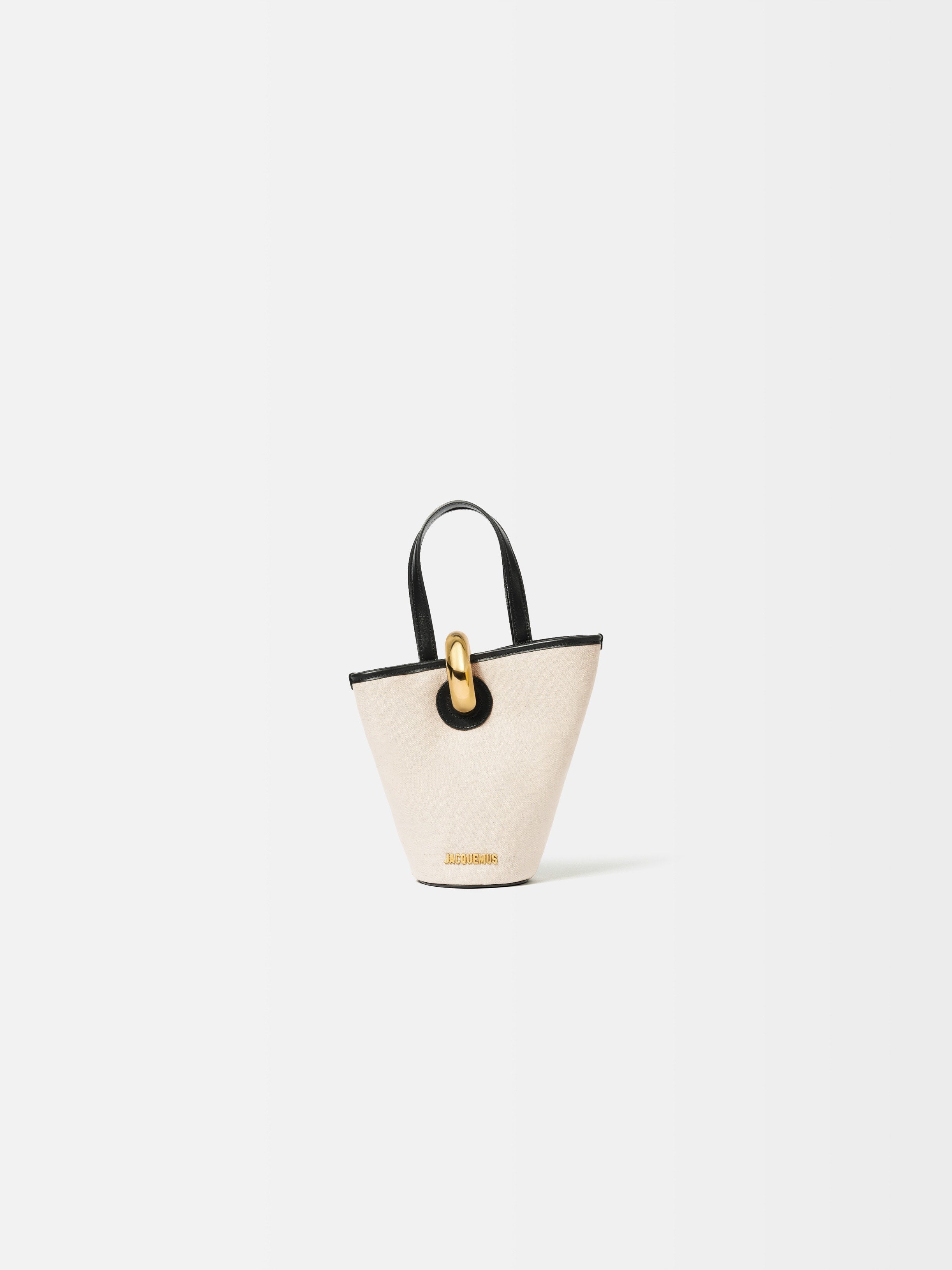 Jacquemus The Small Bambola Asymmetric Bucket Bag In Linen And Smooth Leather Light Greige/Black