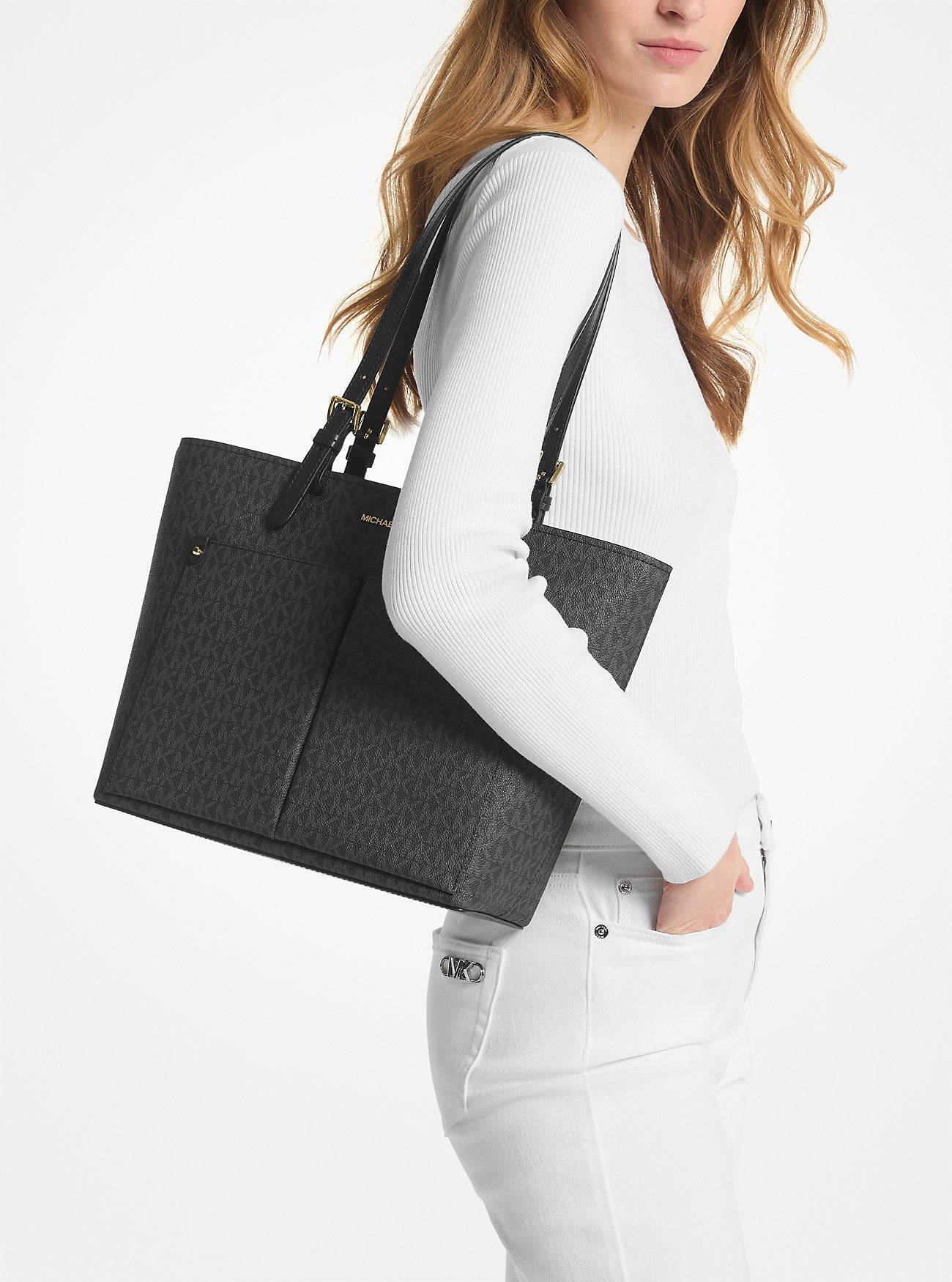 Jet Set Medium Logo Pocket Tote Bag Black Black