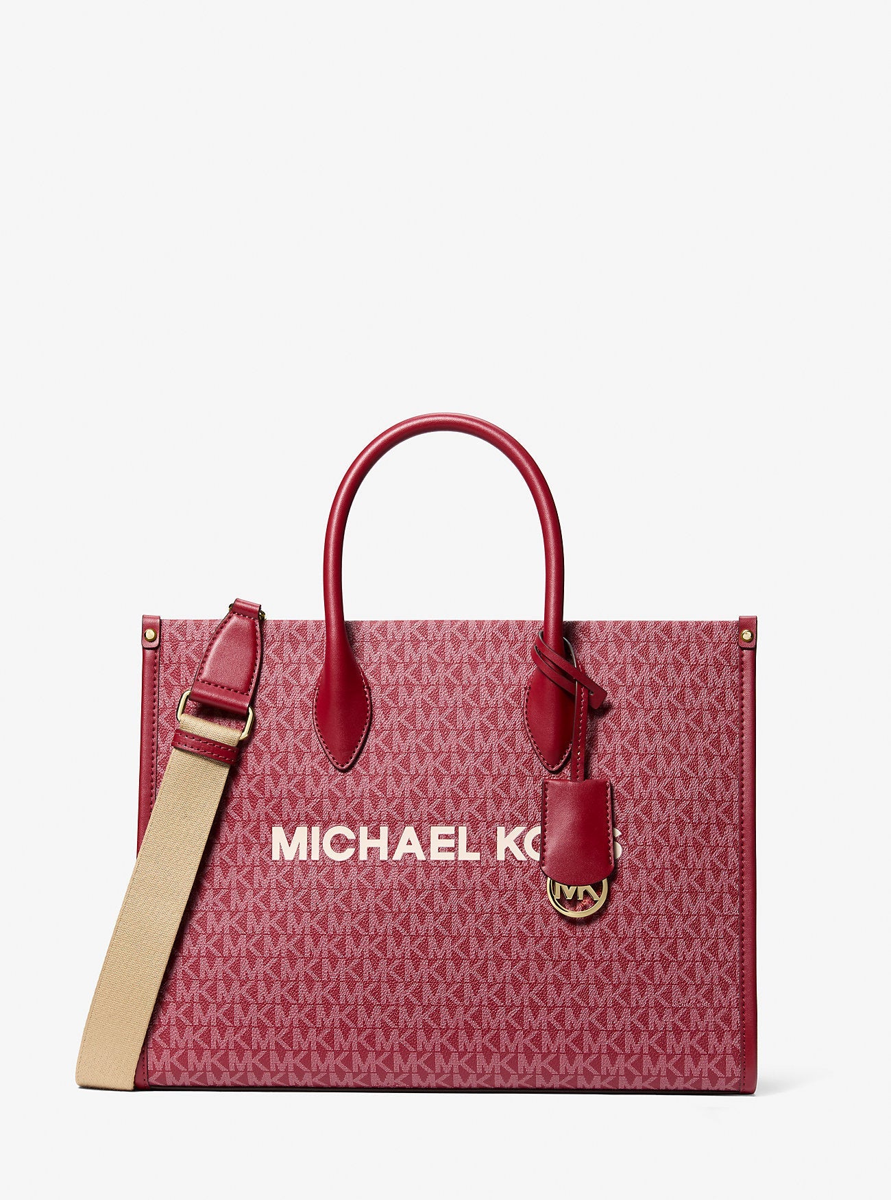Michael Kors Mirella Medium Metallic Signature Logo Tote Bag Cherry