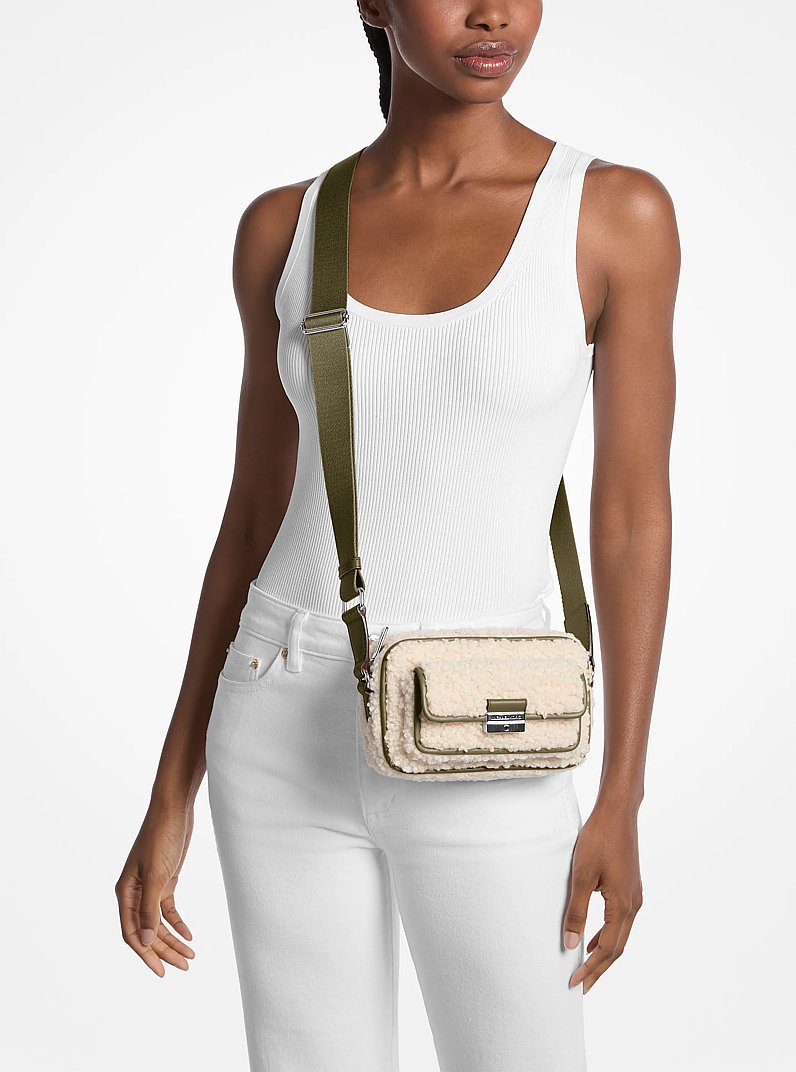 Michael Kors Bradshaw Extra-Small Faux Shearling Camera Crossbody Bag Olive
