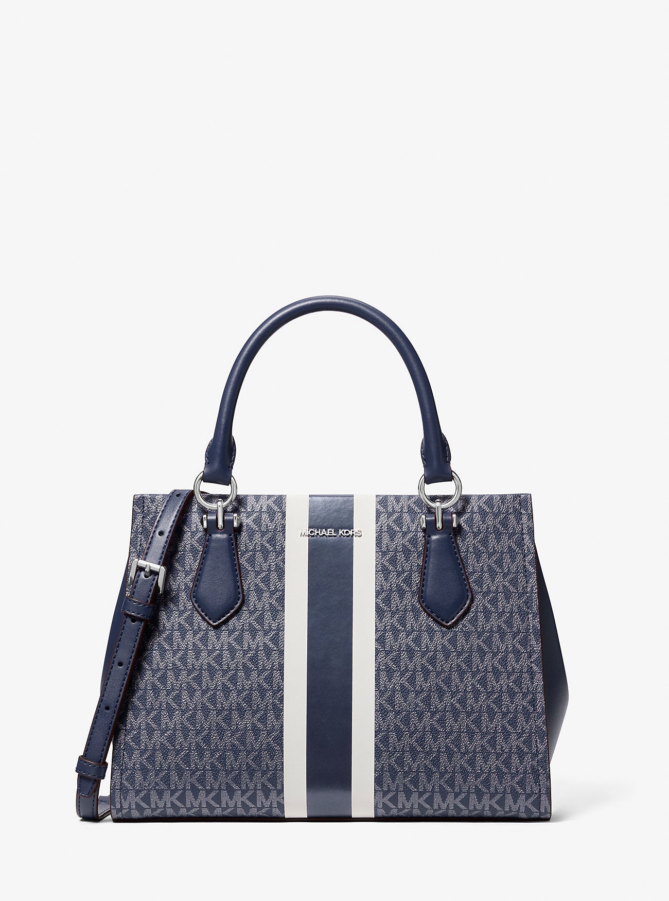 Michael Kors Marilyn Medium Signature Logo Stripe Satchel Navy