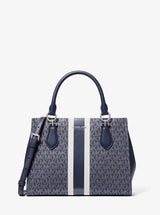 Michael Kors Marilyn Medium Signature Logo Stripe Satchel Navy