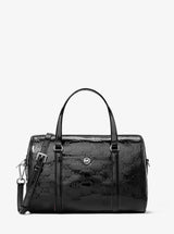 Michael Kors Jet Set Medium Patent Logo Debossed Duffel Crossbody Bag Black