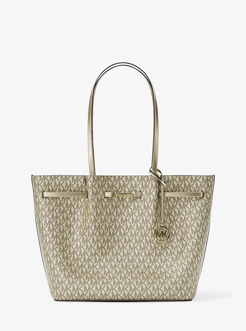 Michael Kors Carson Large Metallic Signature Logo Tote Bag Pale Gold