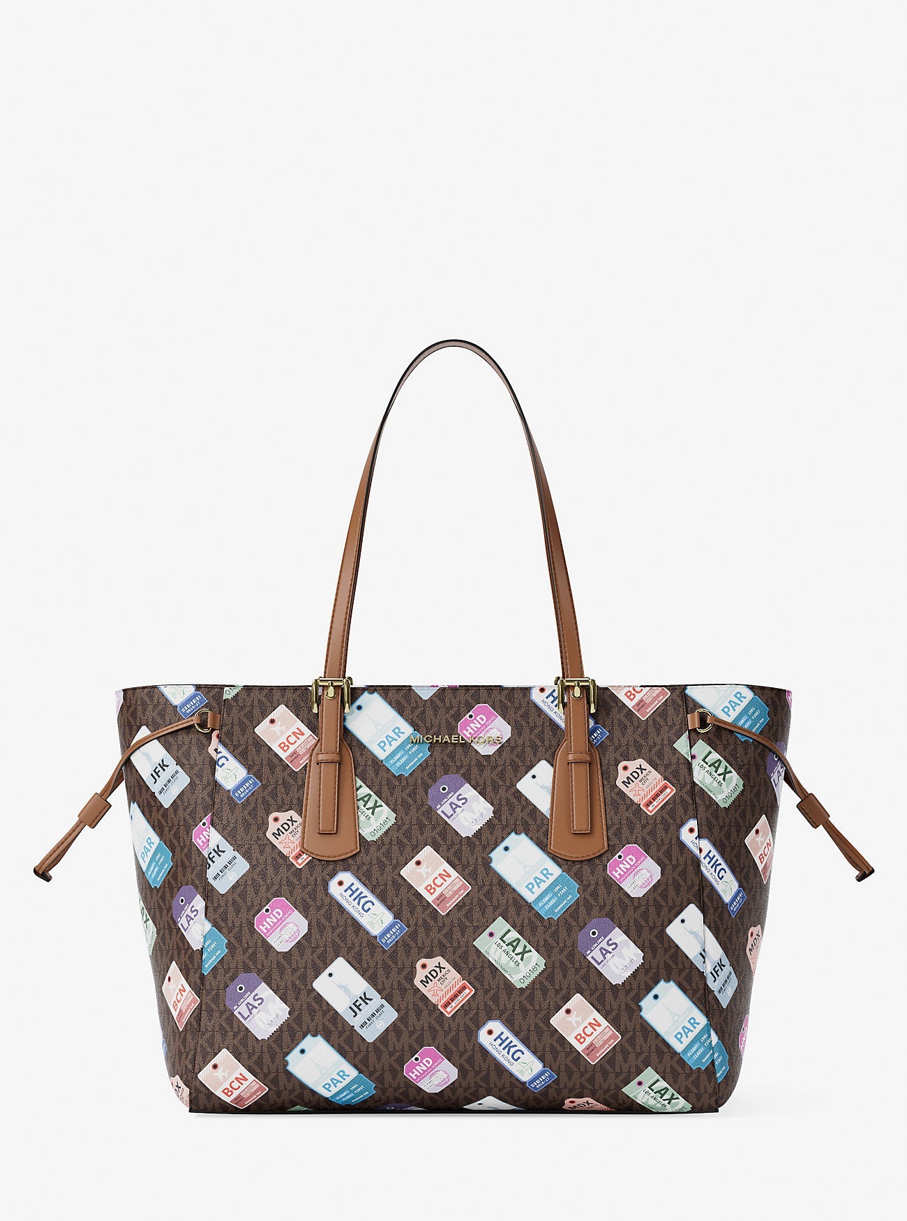 Voyager Large Printed Signature Logo Tote Bag Brown Brown