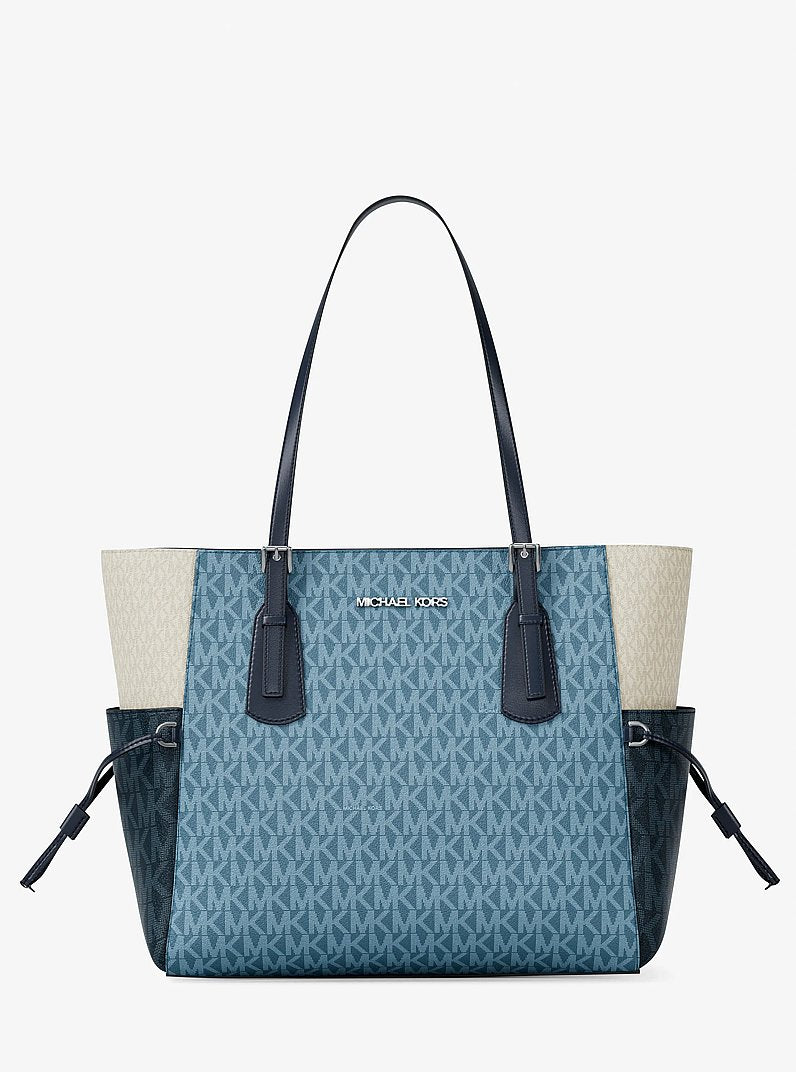 Michael Kors Voyager Large Color-Block Signature Logo Tote Bag Denim Multi