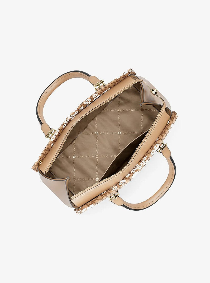 Michael Kors Marilyn Medium Printed Signature Logo Satchel Camel