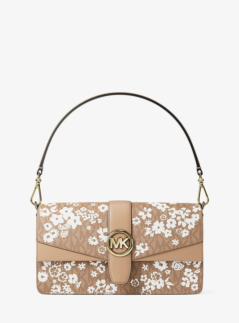 Michael Kors Greenwich Medium Printed Signature Logo Convertible Shoulder Bag Camel