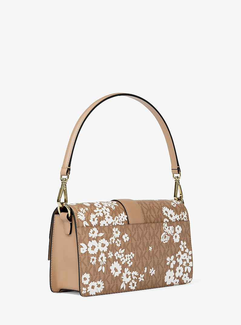 Michael Kors Greenwich Medium Printed Signature Logo Convertible Shoulder Bag Camel