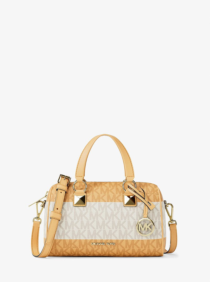 Michael Kors Grayson Small Striped Signature Logo Duffel Crossbody Bag Honeywheat