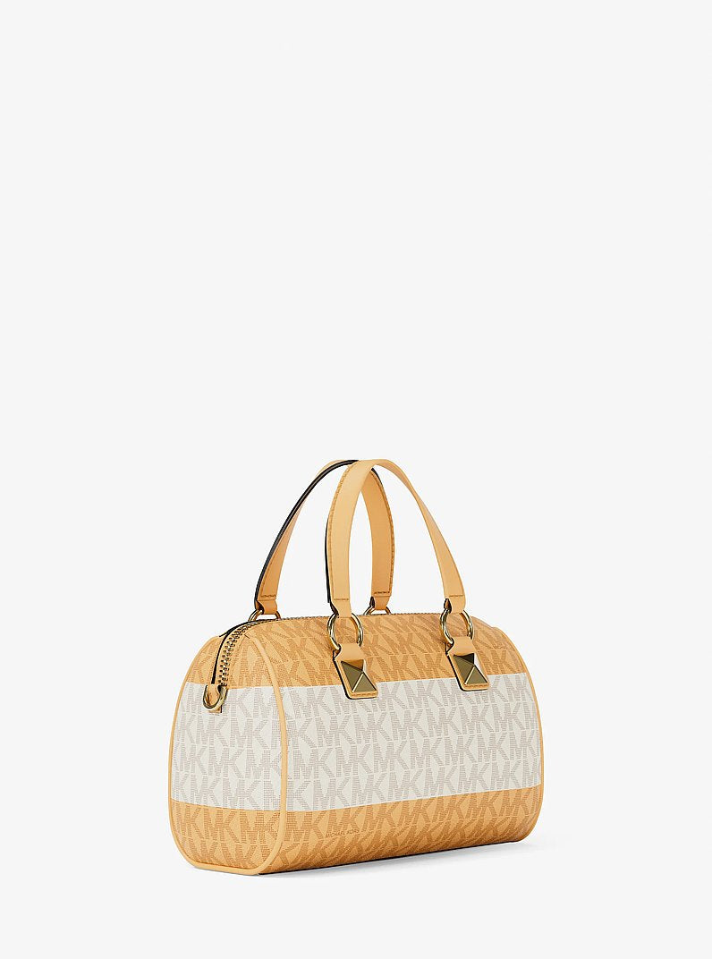 Michael Kors Grayson Small Striped Signature Logo Duffel Crossbody Bag Honeywheat