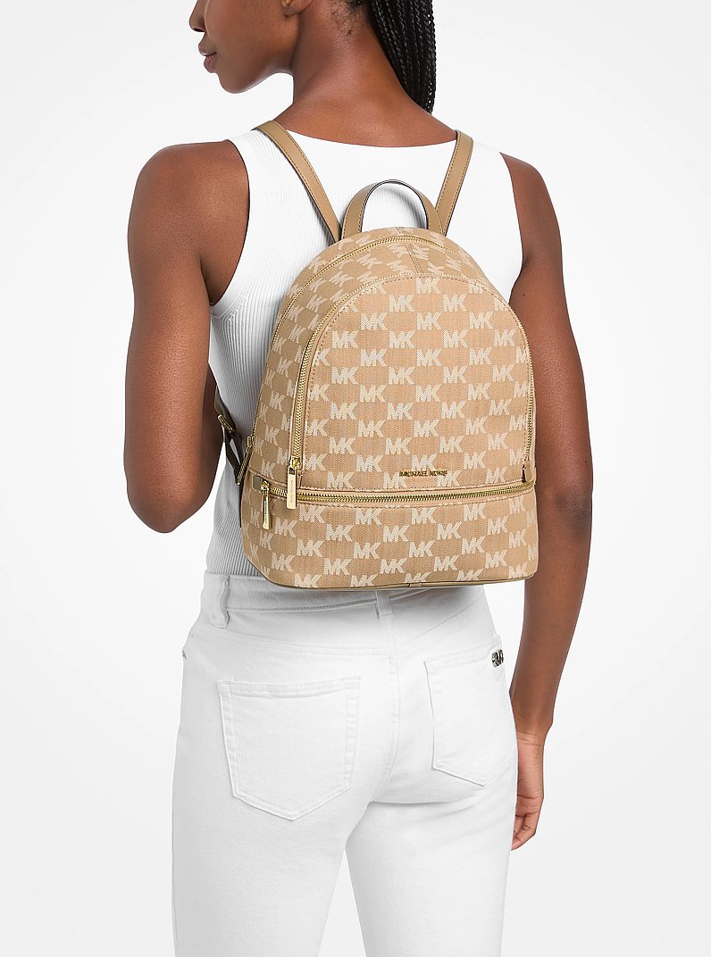 Michael Kors Rhea Medium Logo Jacquard Denim Backpack Camel