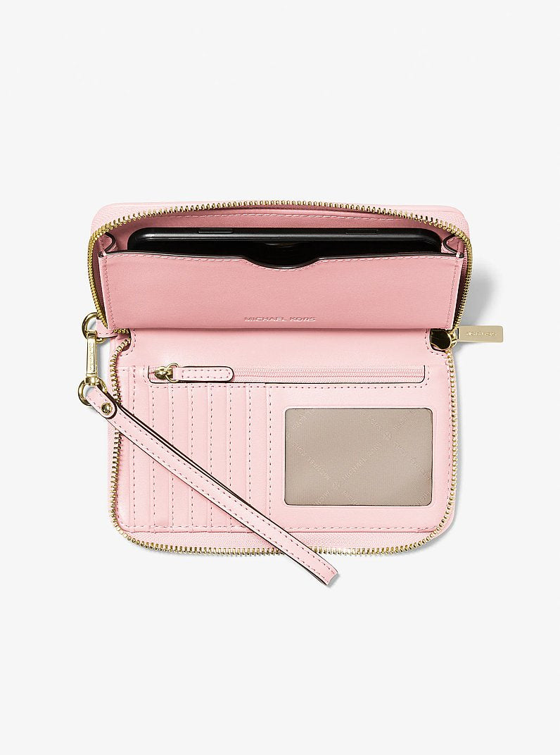 Michael Kors Jet Set Travel Large Logo Jacquard Denim Smartphone Wallet Powder Blush