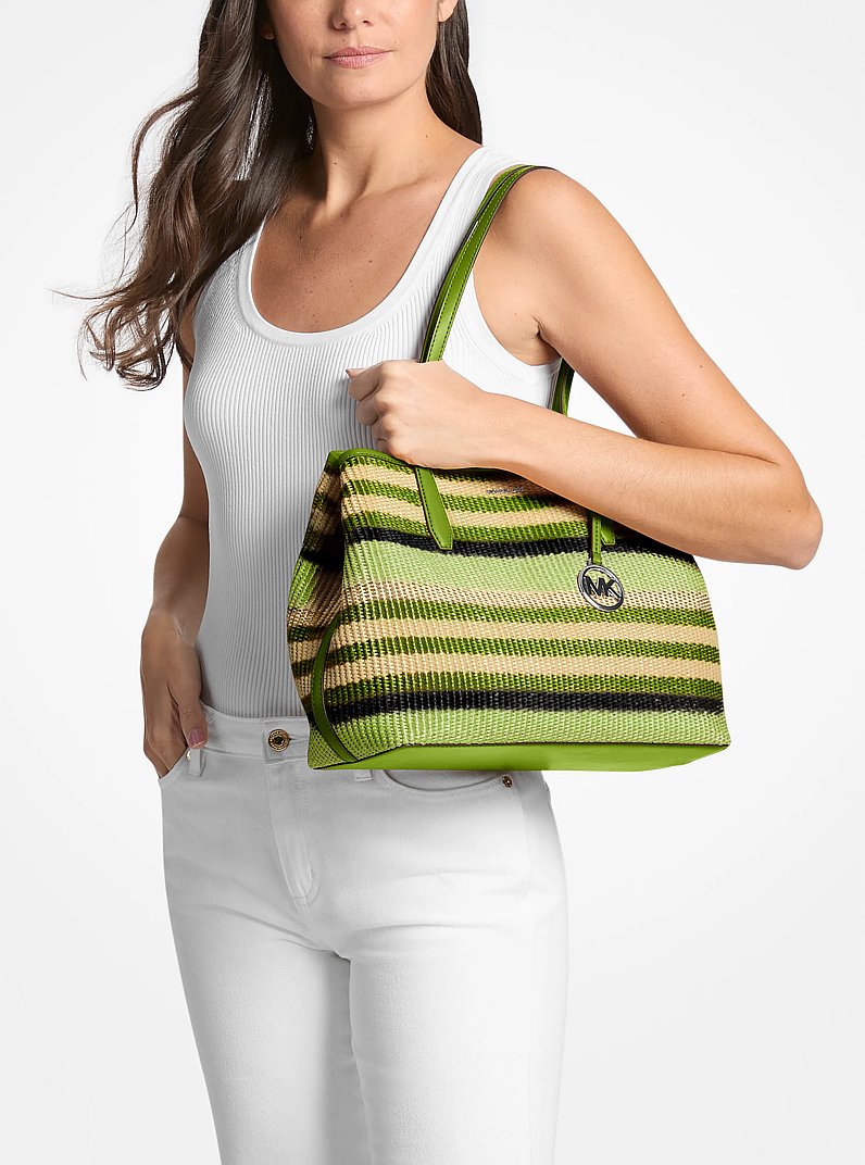 Michael Kors Avalon Medium Striped Woven Tote Bag Lime