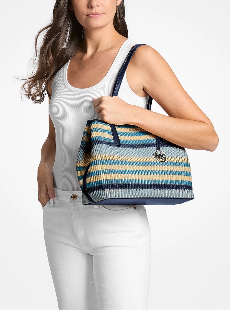 Michael Kors Avalon Medium Striped Woven Tote Bag Navy