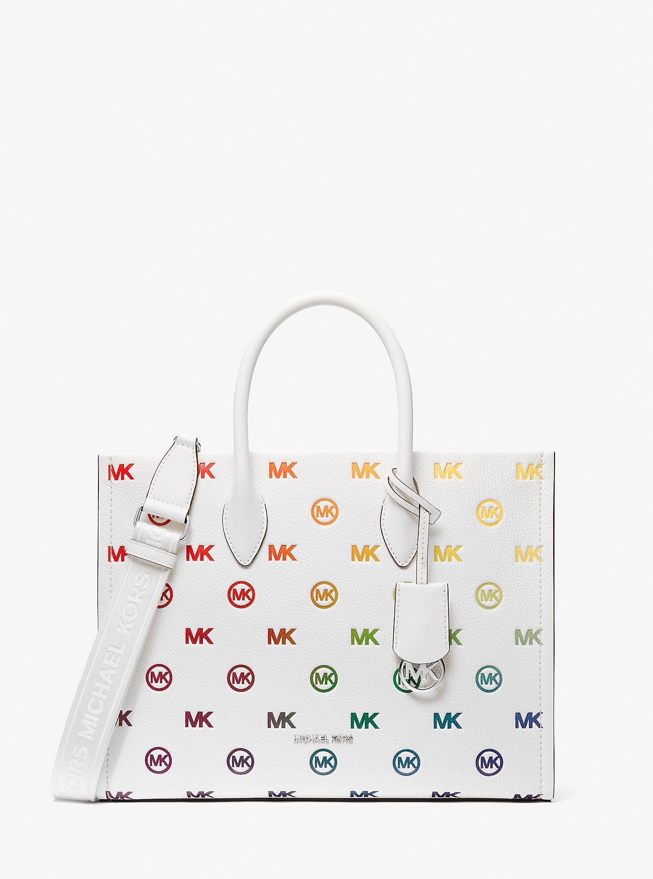 Michael Kors Mirella Medium Rainbow Logo Embossed Tote Bag Optic White