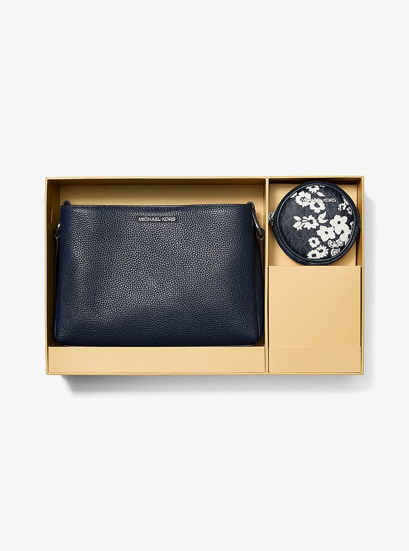 Michael Kors Trisha Pebbled Leather Crossbody Bag With Printed Signature Logo Pouch Navy