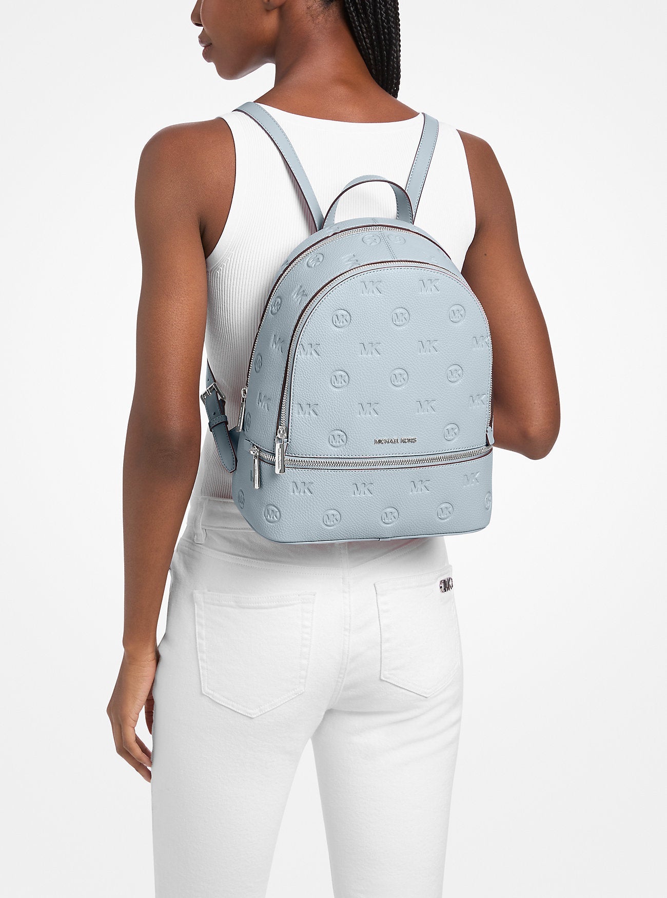 Michael Kors Rhea Medium Logo Debossed Backpack Pale Ocean
