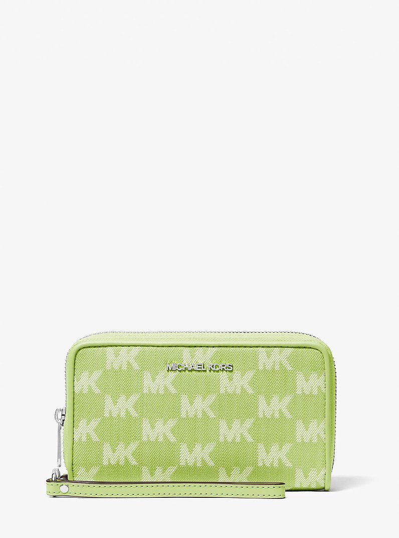 Michael Kors Jet Set Travel Large Logo Jacquard Denim Smartphone Wristlet Lime