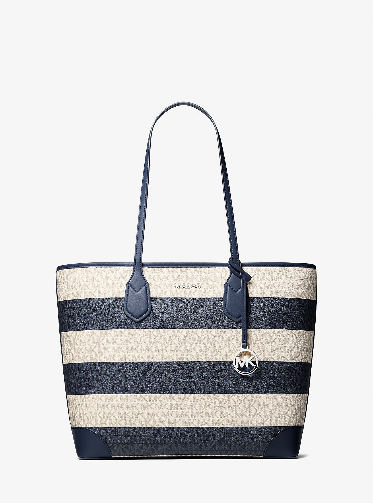 Michael Kors Eva Large Striped Signature Logo Tote Bag Navy