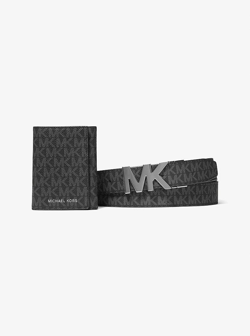 Michael Kors Signature Logo Tri-Fold Card Case and Belt Gift Set Black