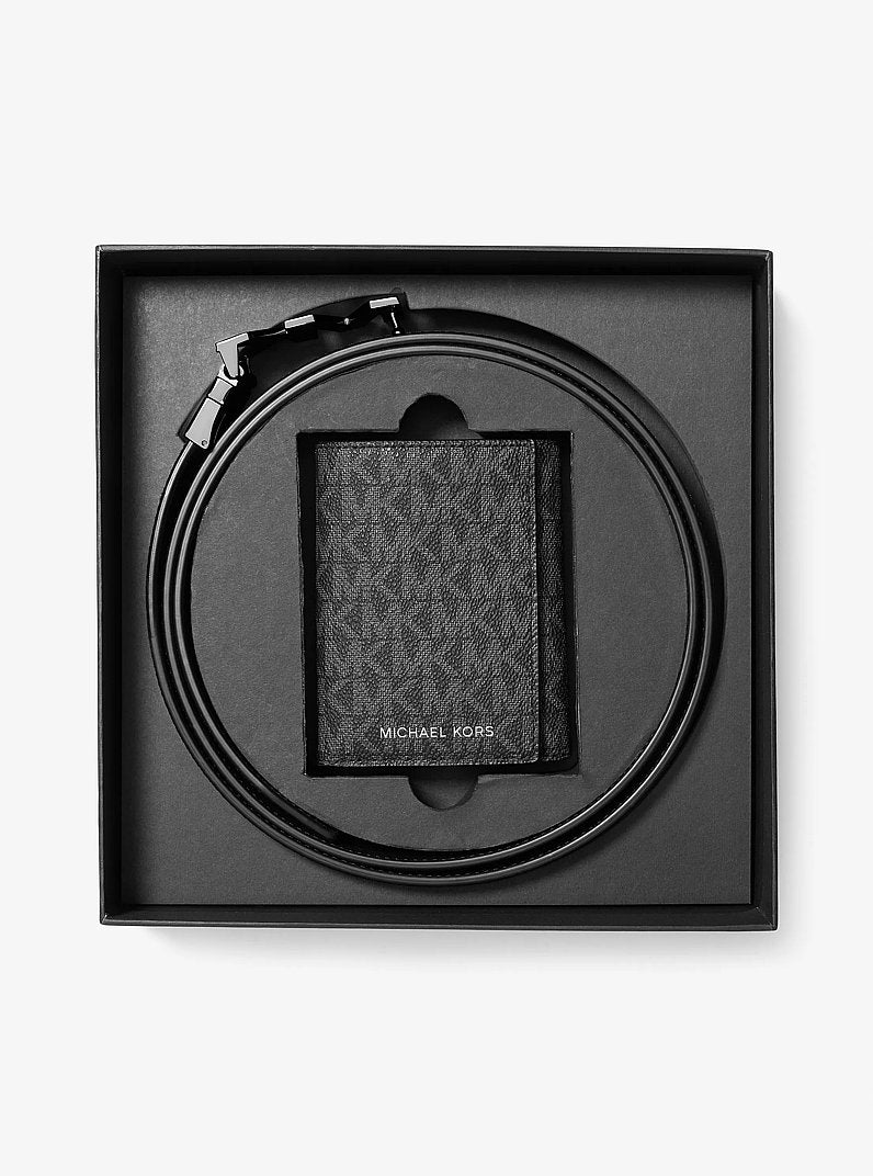 Michael Kors Signature Logo Tri-Fold Card Case and Belt Gift Set Black