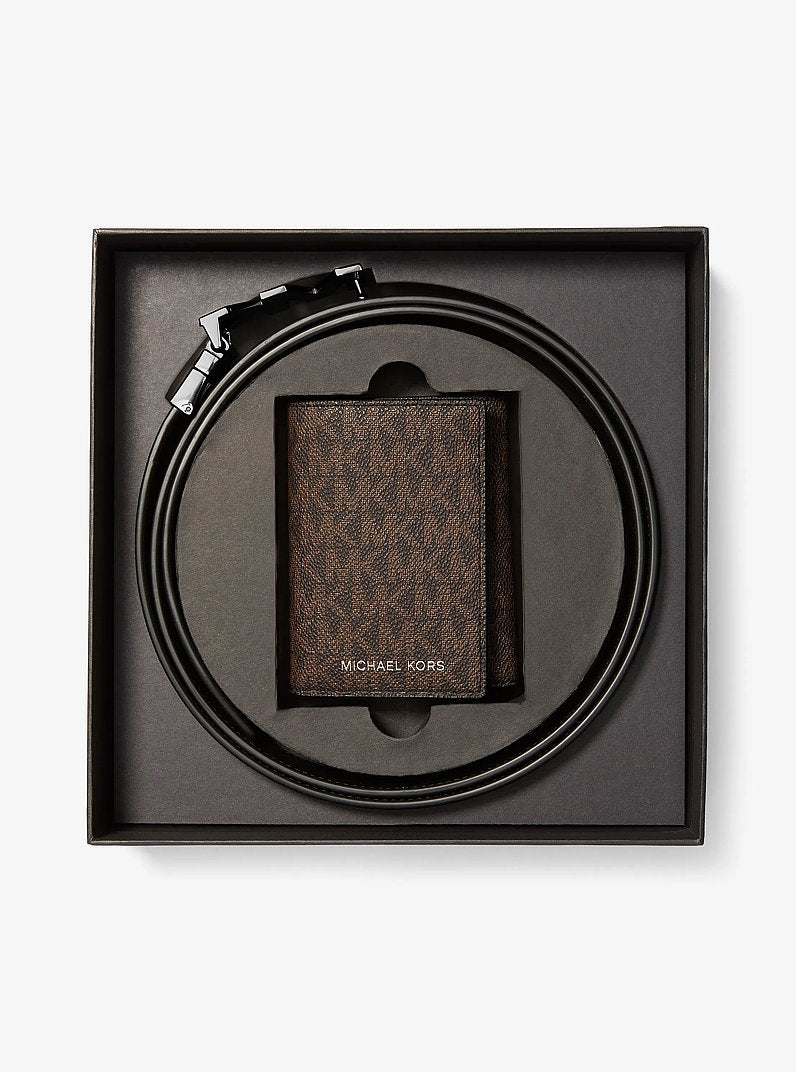 Michael Kors Signature Logo Tri-Fold Card Case and Belt Gift Set Brown-Blk