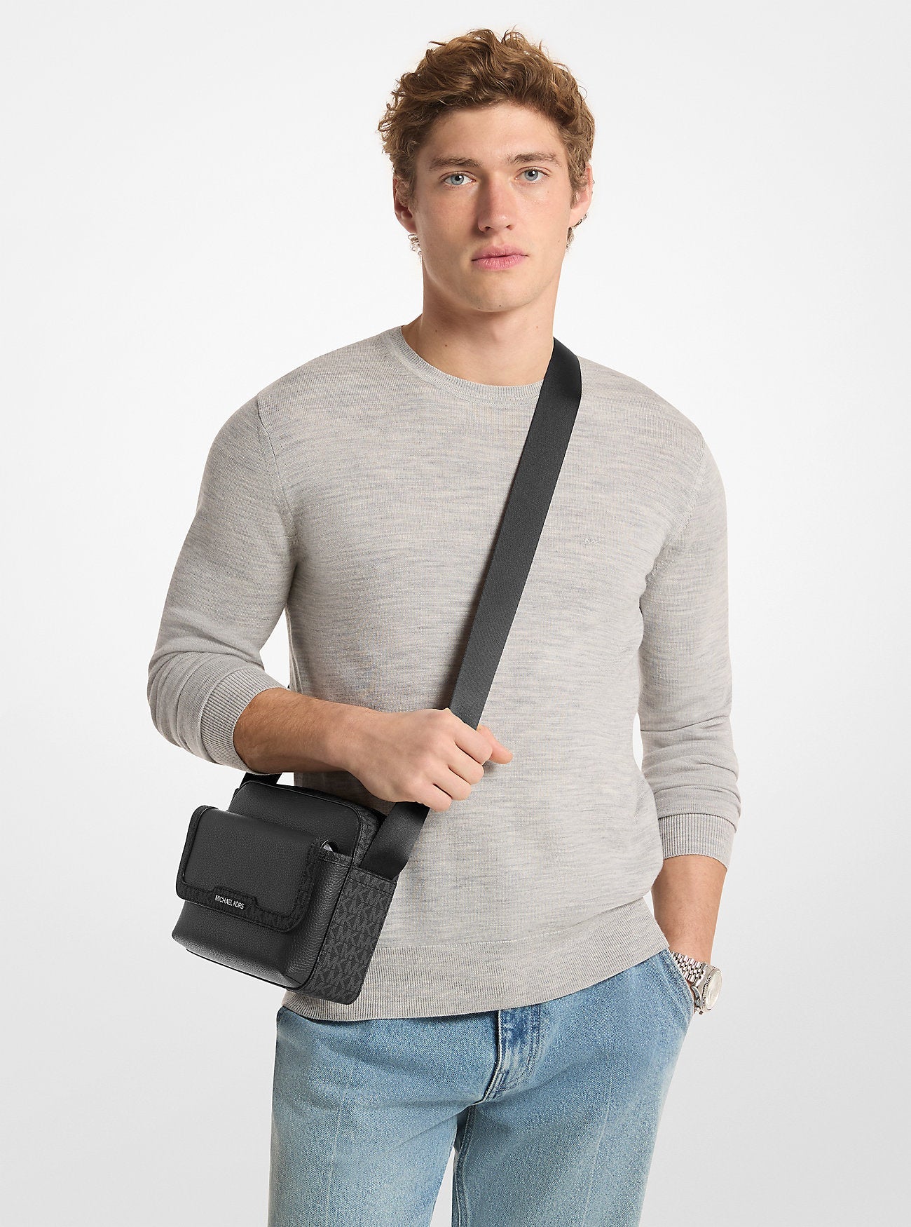 Cooper Medium Pebbled Leather and Signature Logo Camera Crossbody Bag Black Black