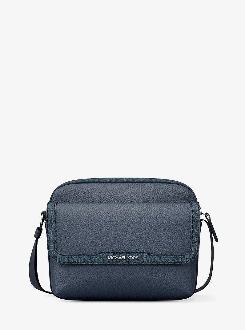 Michael Kors Cooper Medium Pebbled Leather and Signature Logo Camera Crossbody Bag Navy