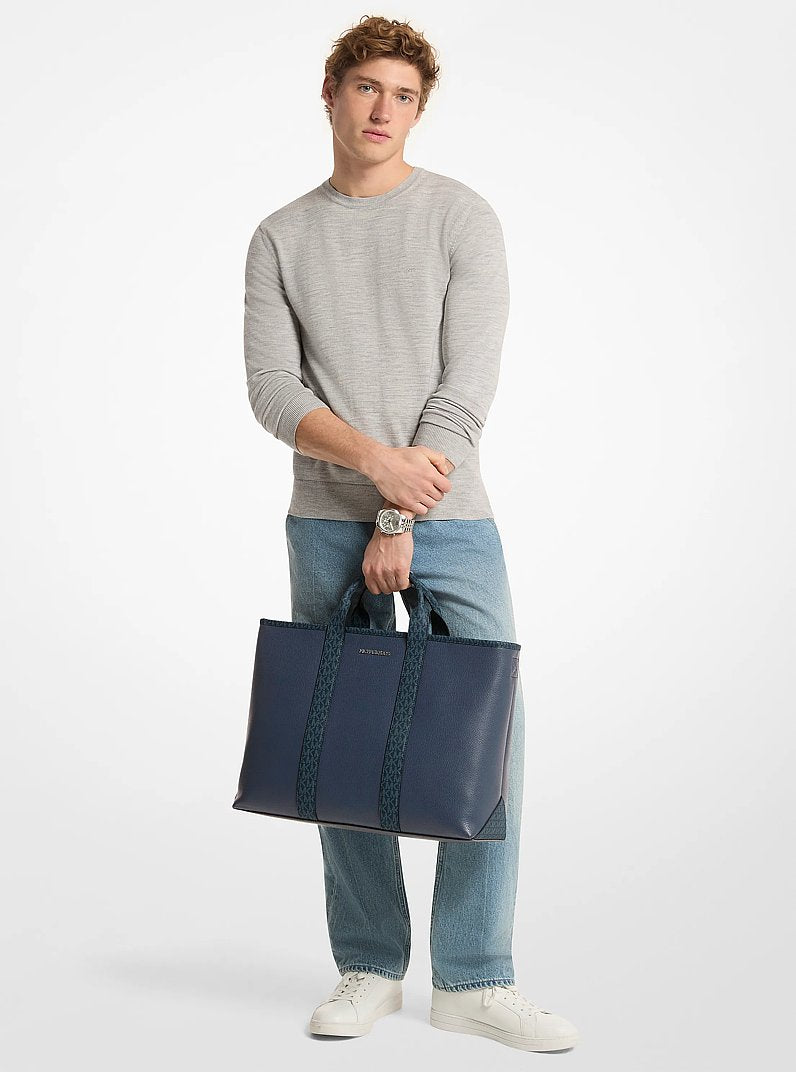 Michael Kors Cooper Medium Pebbled Leather and Signature Logo Tote Bag Navy