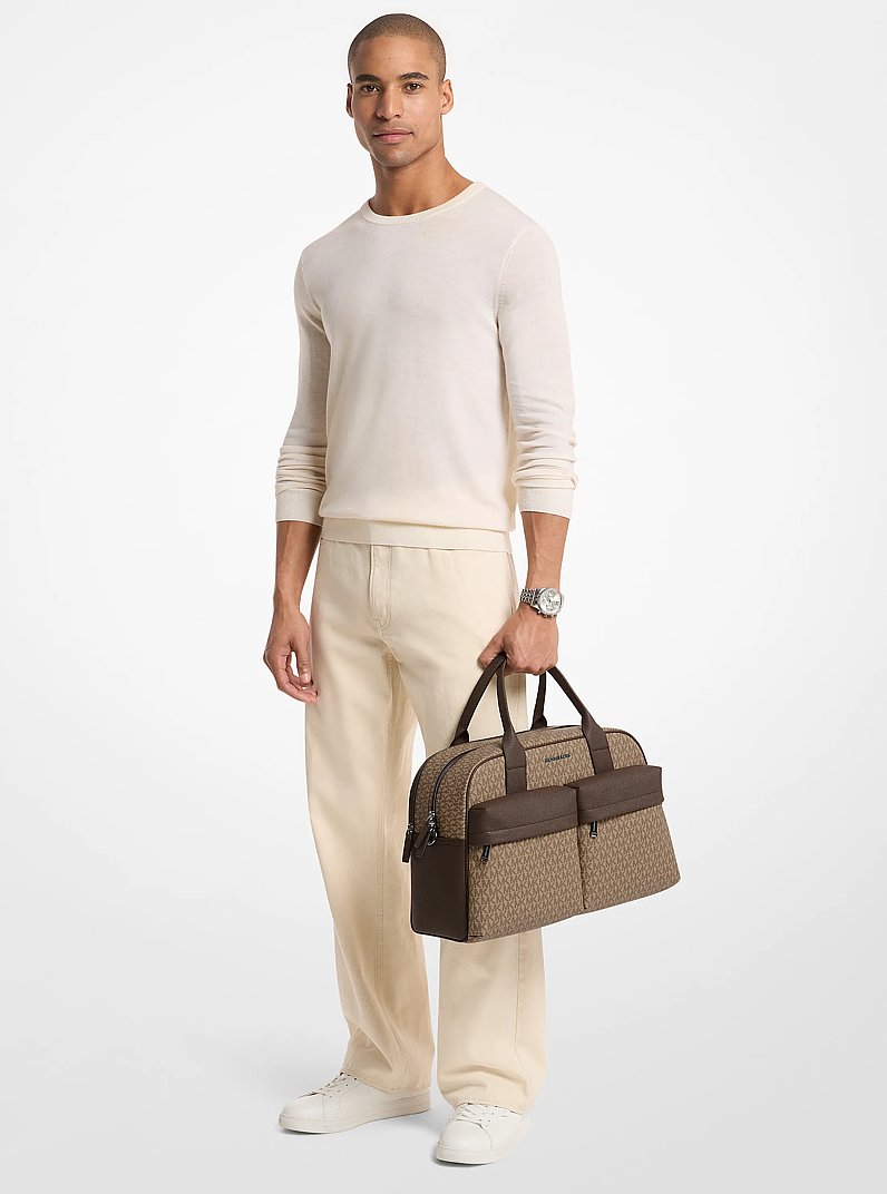 Michael Kors Pacey Medium Signature Logo Bowling Bag Camel