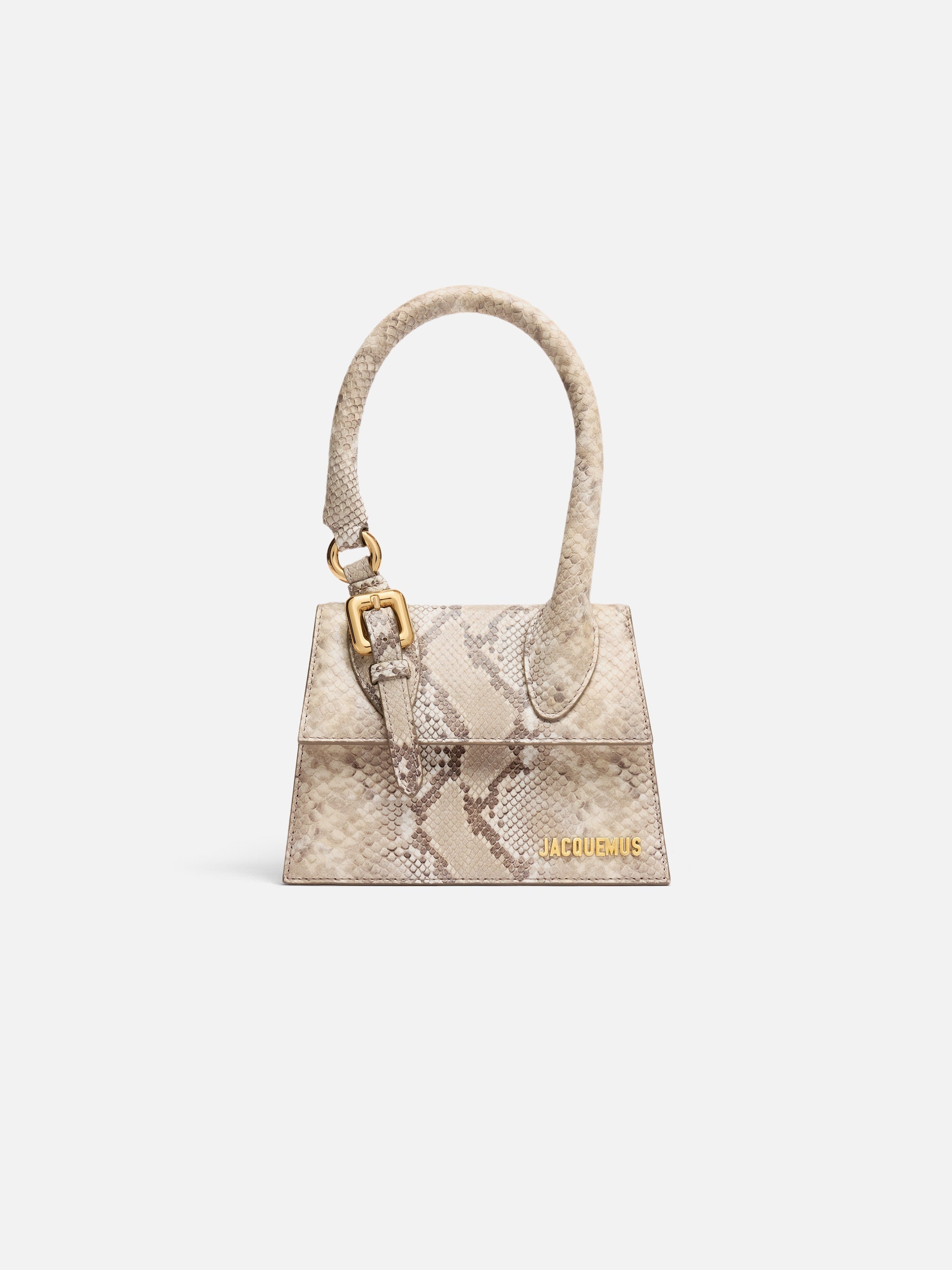 Jacquemus The Medium Chiquito With Buckle Faux-Python Structured Leather Bag - Reinforced Handle With Gold Metal Buckle Beige