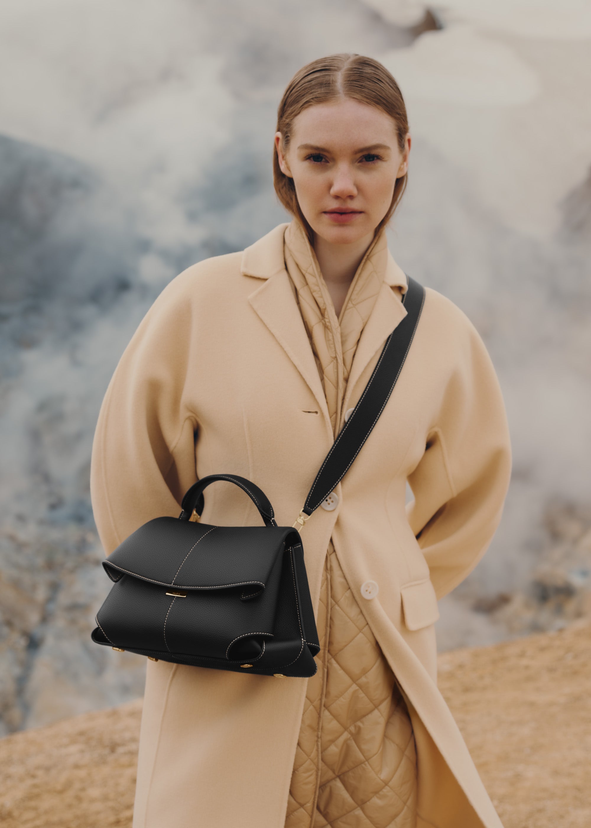 Polene Mokki Textured Black with Ecru Stitching