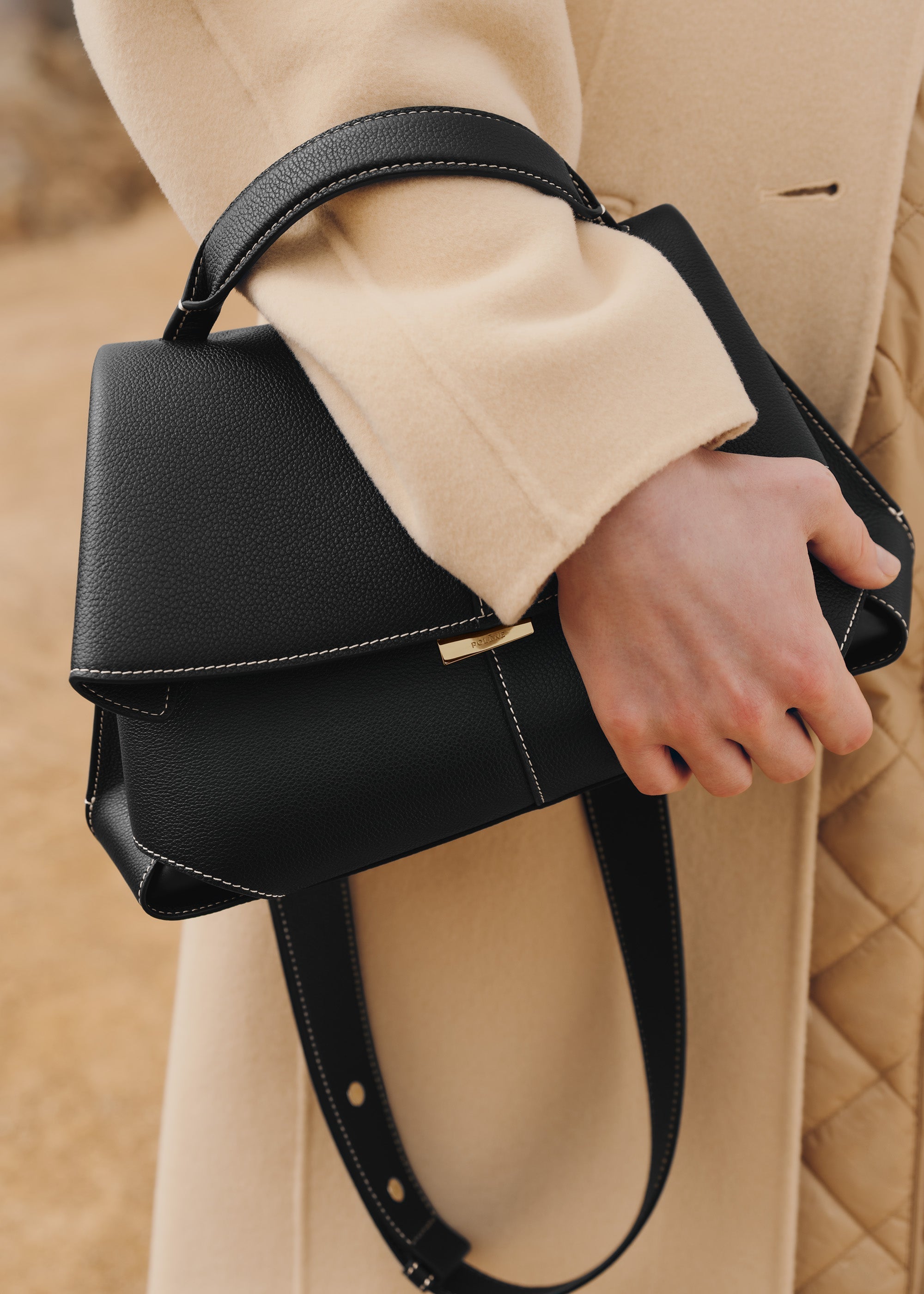 Polene Mokki Textured Black with Ecru Stitching