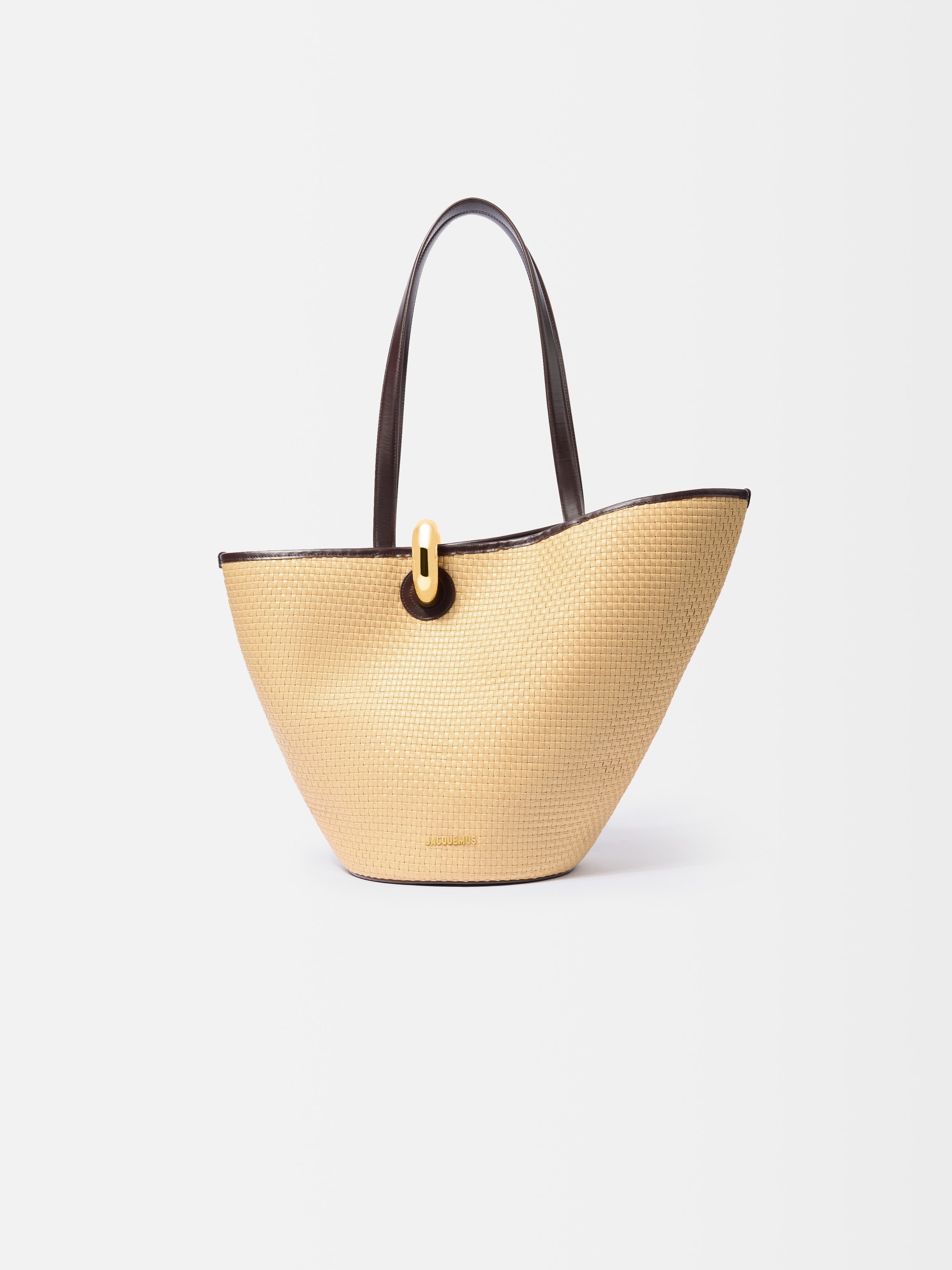 Jacquemus The Bambola Asymmetric Bucket Bag In Woven Cotton With Smooth Leather Trim Natural / Dark Brown