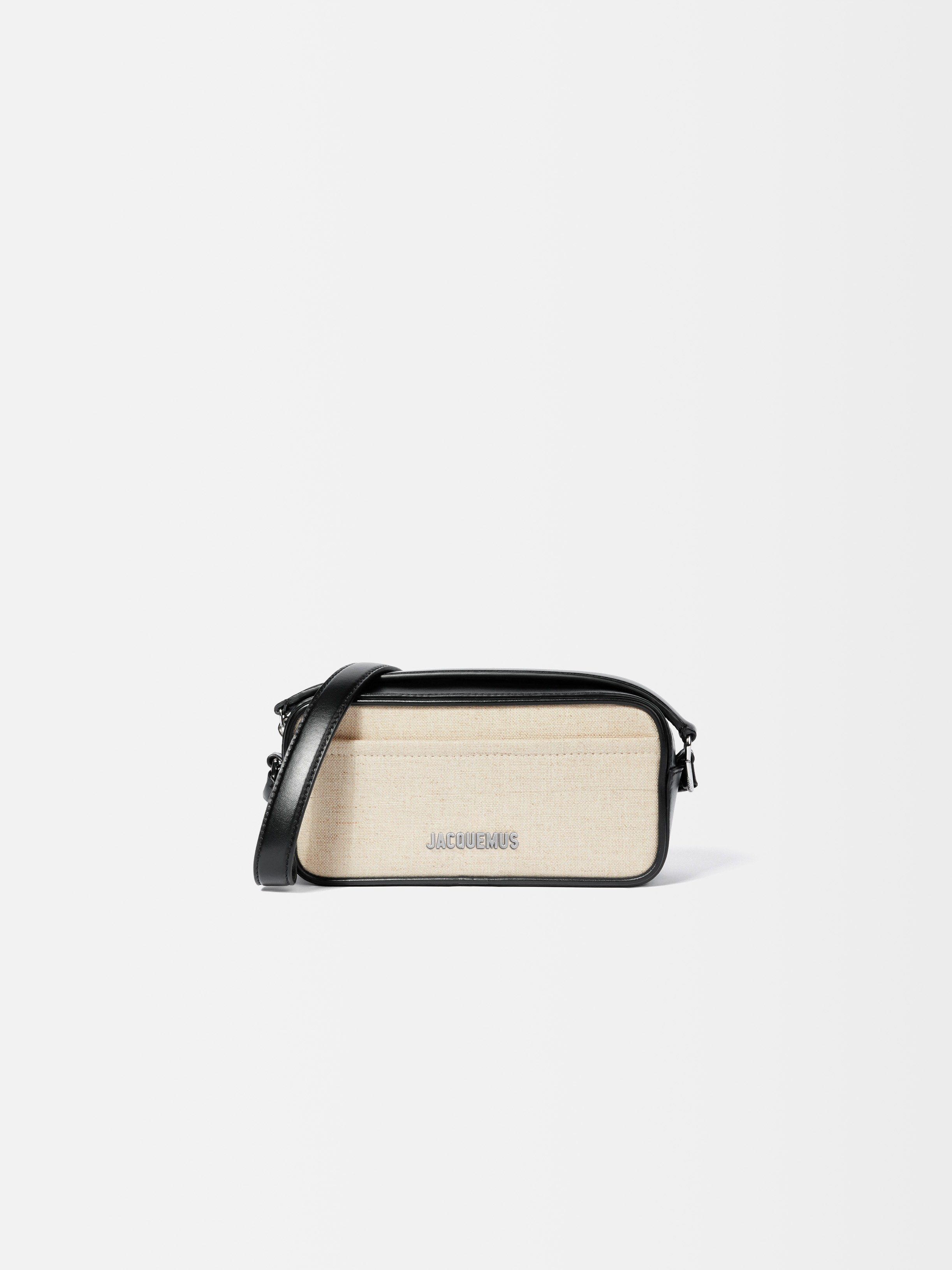 Jacquemus The Baneto Rectangular Bag In Linen And Smooth Leather Light Greige/Black