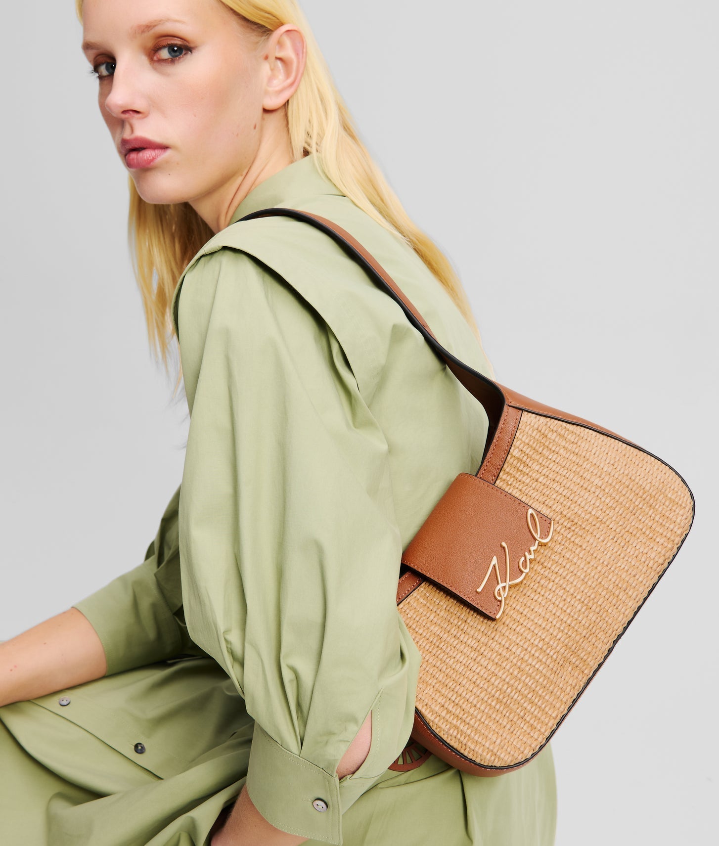 KarlLagerfeld Ksignature Small Woven Shoulder Bag Natural-Tan