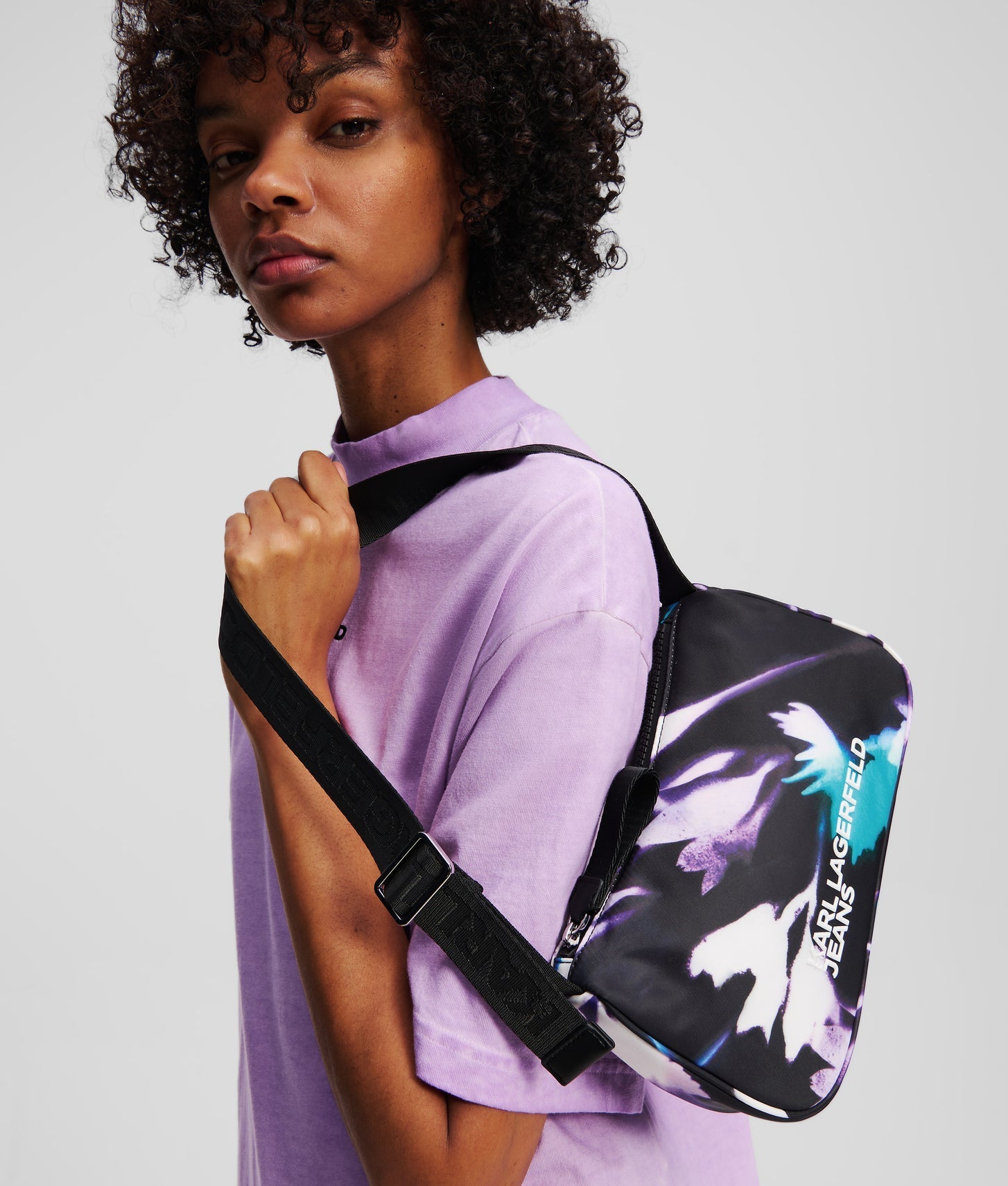 KarlLagerfeld Floral Nylon Shoulder Bag Floral All Over Print Black