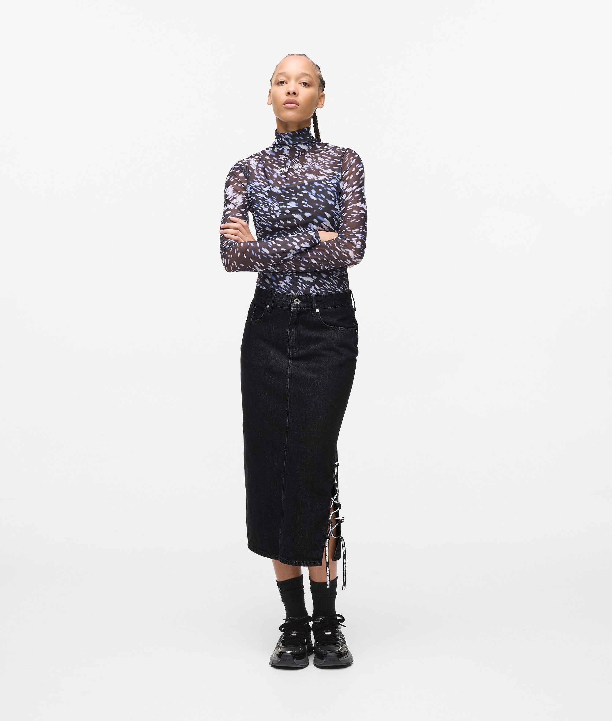 Karl Lagerfeld Lace-Up Midi Denim Skirt Stone Washed Black