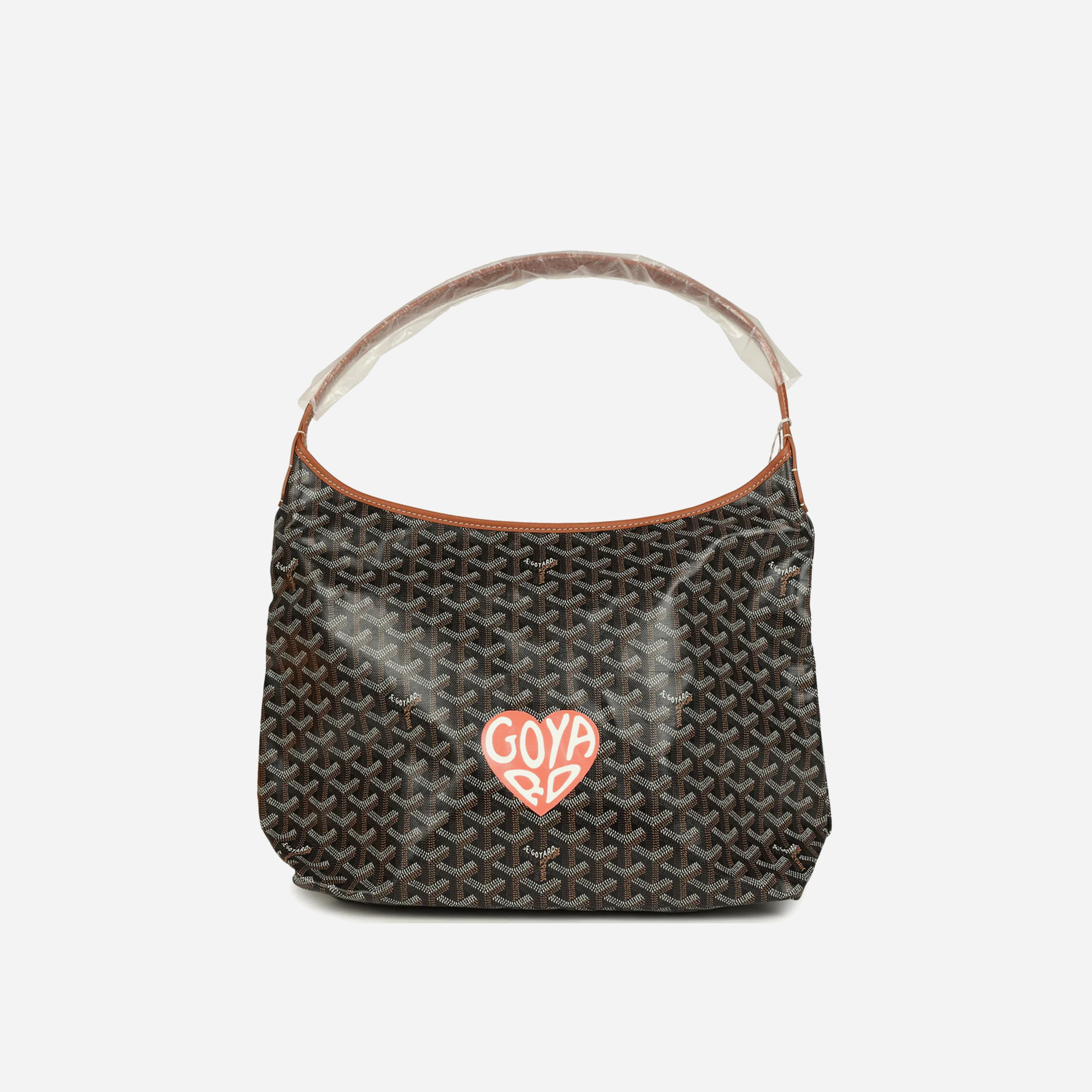 Goyard Goyardine Canvas Black and Brown Hand-Painted Heart Boheme Hobo PM Palladium Hardware