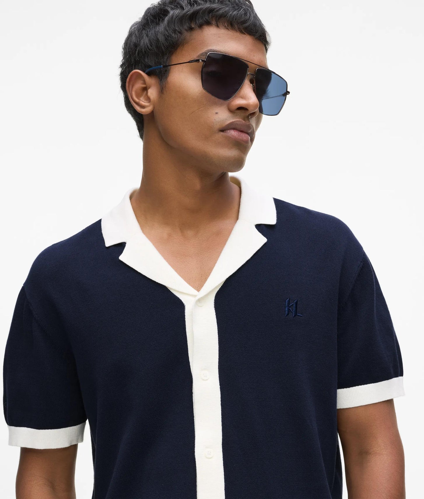 Karl Lagerfeld Monogram Knitted Polo Shirt Peacoat
