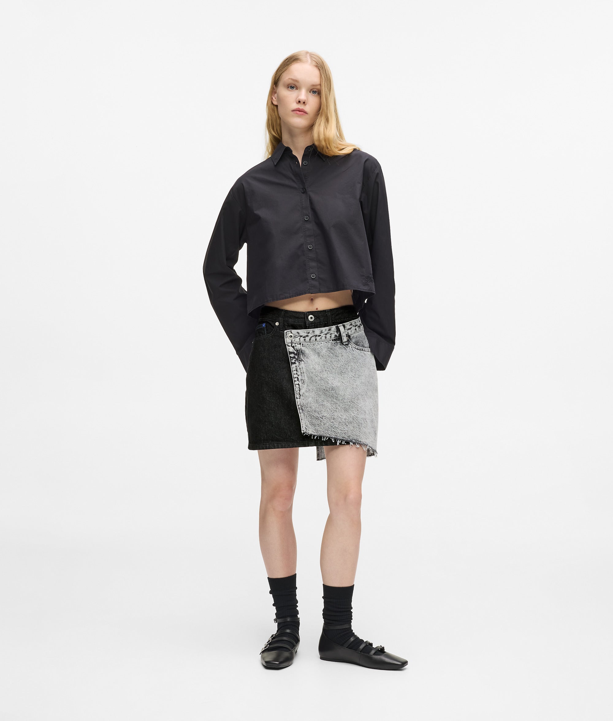 Karl Lagerfeld Two-Tone Denim Mini Skirt Washed Black Blocked