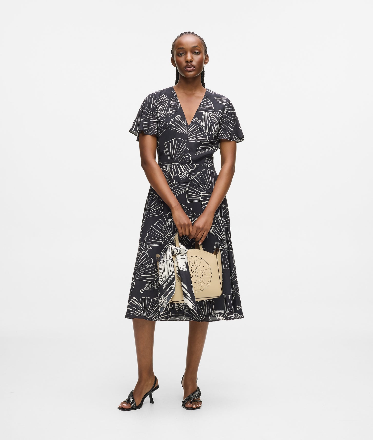 Karl Lagerfeld Fan Print V-Neck Dress Linear Fan Black